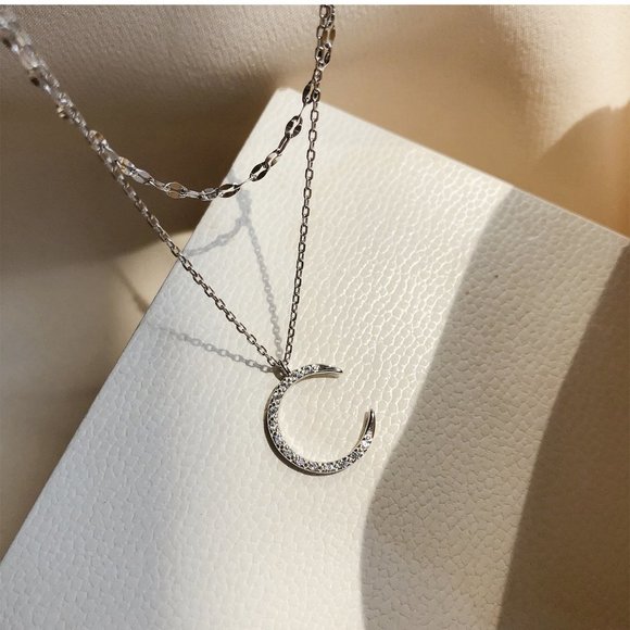 #NEW 925 Sterling Silver Diamond Crescent Moon Double Layer Necklace - Picture 6 of 7